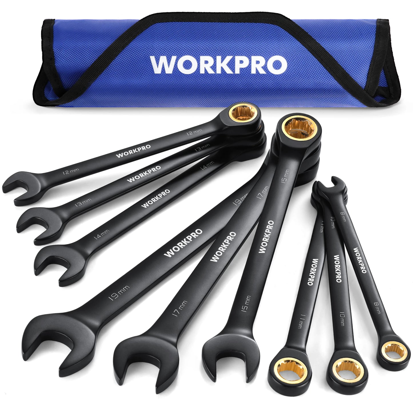 WORKPRO 9pcs Anti-Slip Ratcheting Combination Wrench Set Metric/SEA 8-19 mm 72-Teeth Cr-V Constructed Black Ratchet Wrenches Set