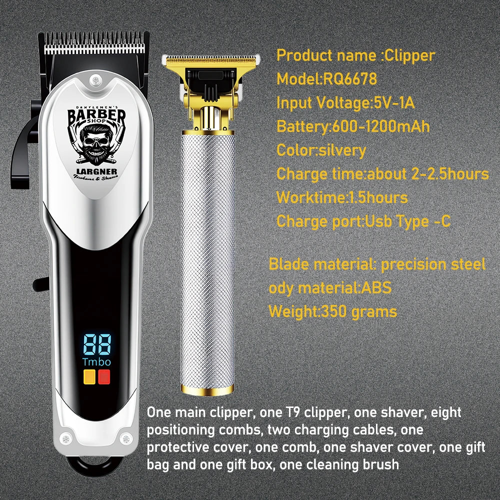 LARGNER RQ6678 Kit de corte de pelo plateado 3 en 1, cortapelos eléctrico profesional para hombre para desvanecer el cabello, reciprocidad de alta potencia