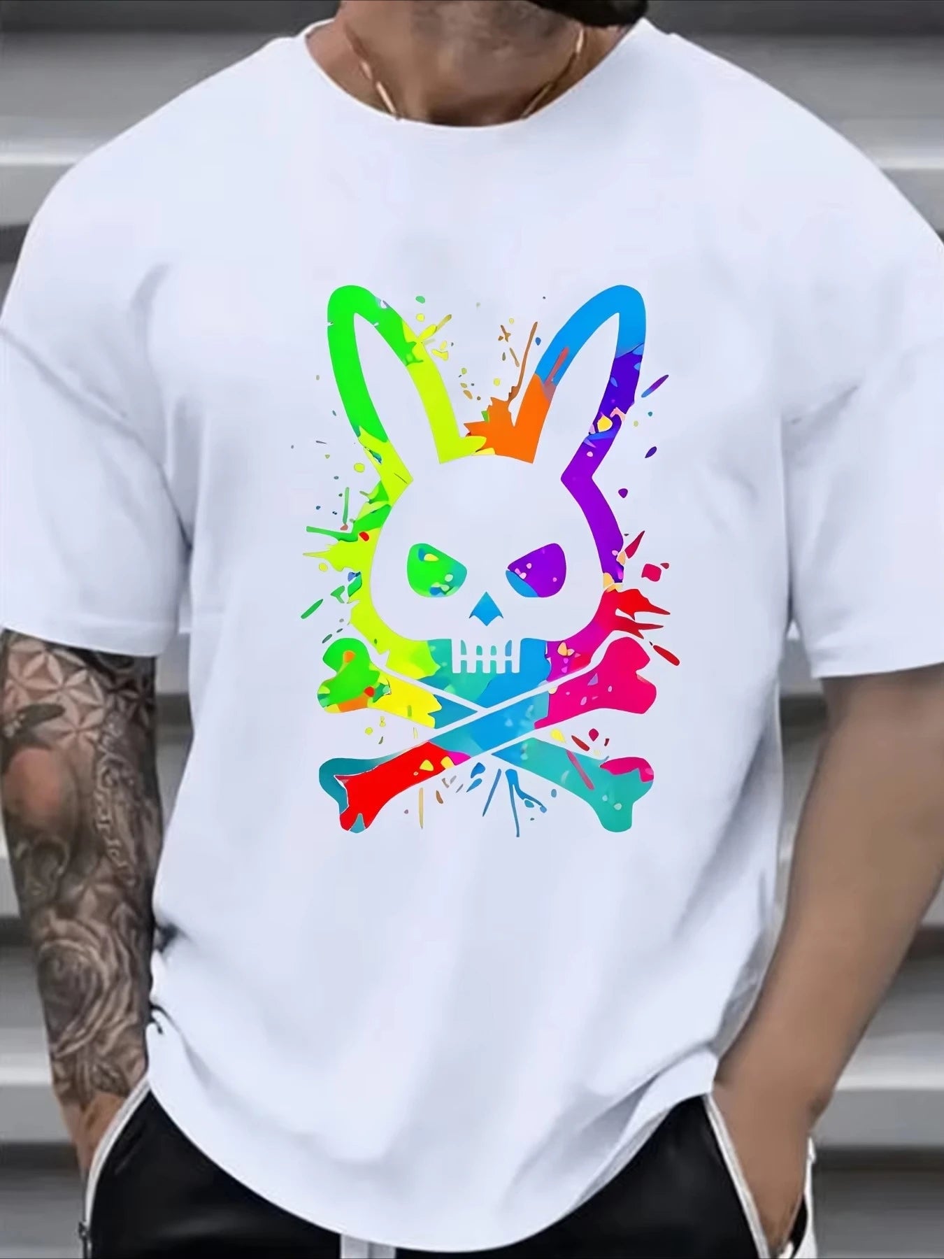 Men's Summer Pure Cotton Fashionable Casual Loose Color Skull and Rabbit Print Sports Round Neck Short Sleeved T-shirt Top