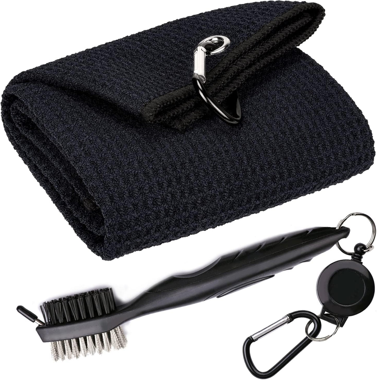 Golf Towels - Microfiber Waffle Pattern Tri-Fold, Brush Tool Kit with Club Groove Cleaner with Retractable Cord and Clip, for Men Women, Golf Gift