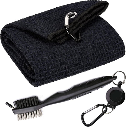 Golf Towels - Microfiber Waffle Pattern Tri-Fold, Brush Tool Kit with Club Groove Cleaner with Retractable Cord and Clip, for Men Women, Golf Gift