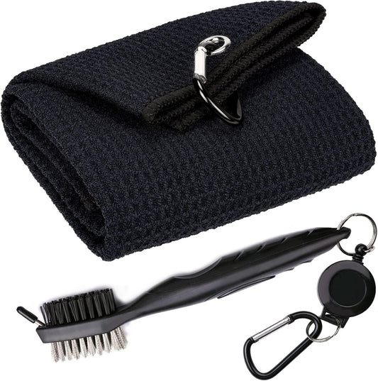 Golf Towels - Microfiber Waffle Pattern Tri-Fold, Brush Tool Kit with Club Groove Cleaner with Retractable Cord and Clip, for Men Women, Golf Gift