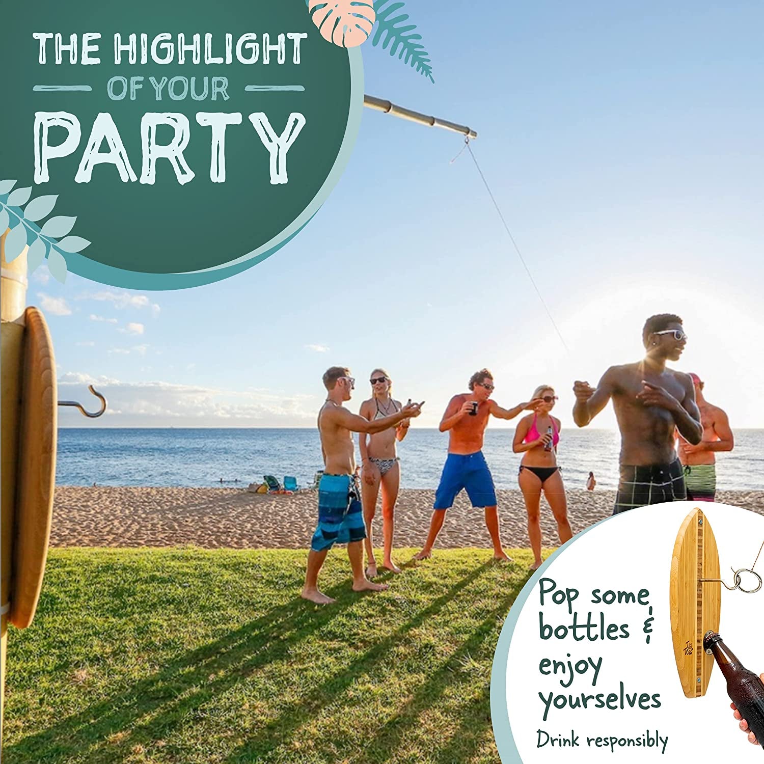 Bottle Opener Edition with Magnet Cap Catch - Crack Open a Cold One and Get Hooked - 100% Bamboo Hook and Ring Toss Party Game (All Parts Included)
