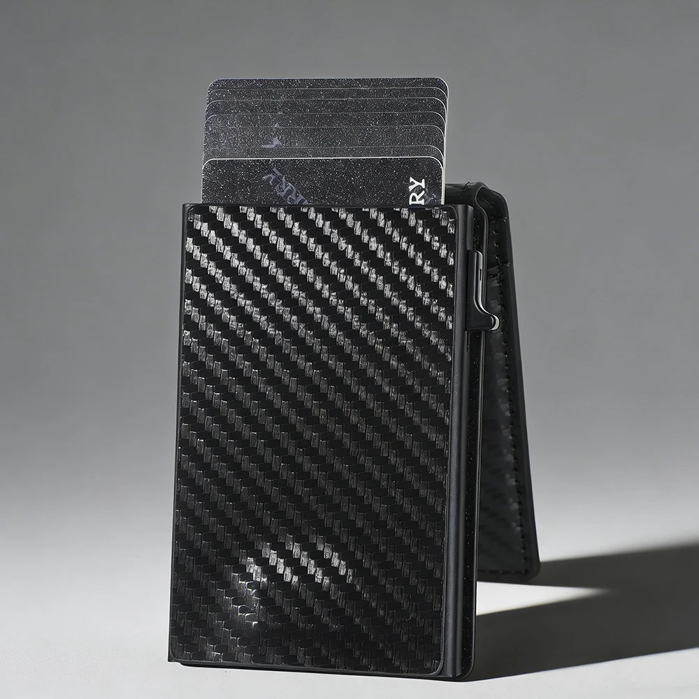 New RFID Men's Card Wallet - Carbon Fiber, High-Quality Magnetic Card Holder with Photo Window and Pop-Up Card Clips