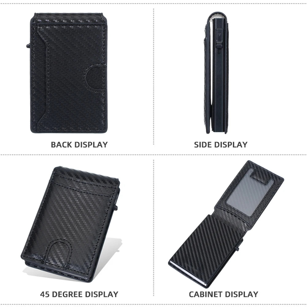 New RFID Men's Card Wallet - Carbon Fiber, High-Quality Magnetic Card Holder with Photo Window and Pop-Up Card Clips