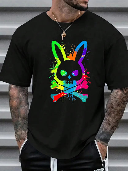 Men's Summer Pure Cotton Fashionable Casual Loose Color Skull and Rabbit Print Sports Round Neck Short Sleeved T-shirt Top