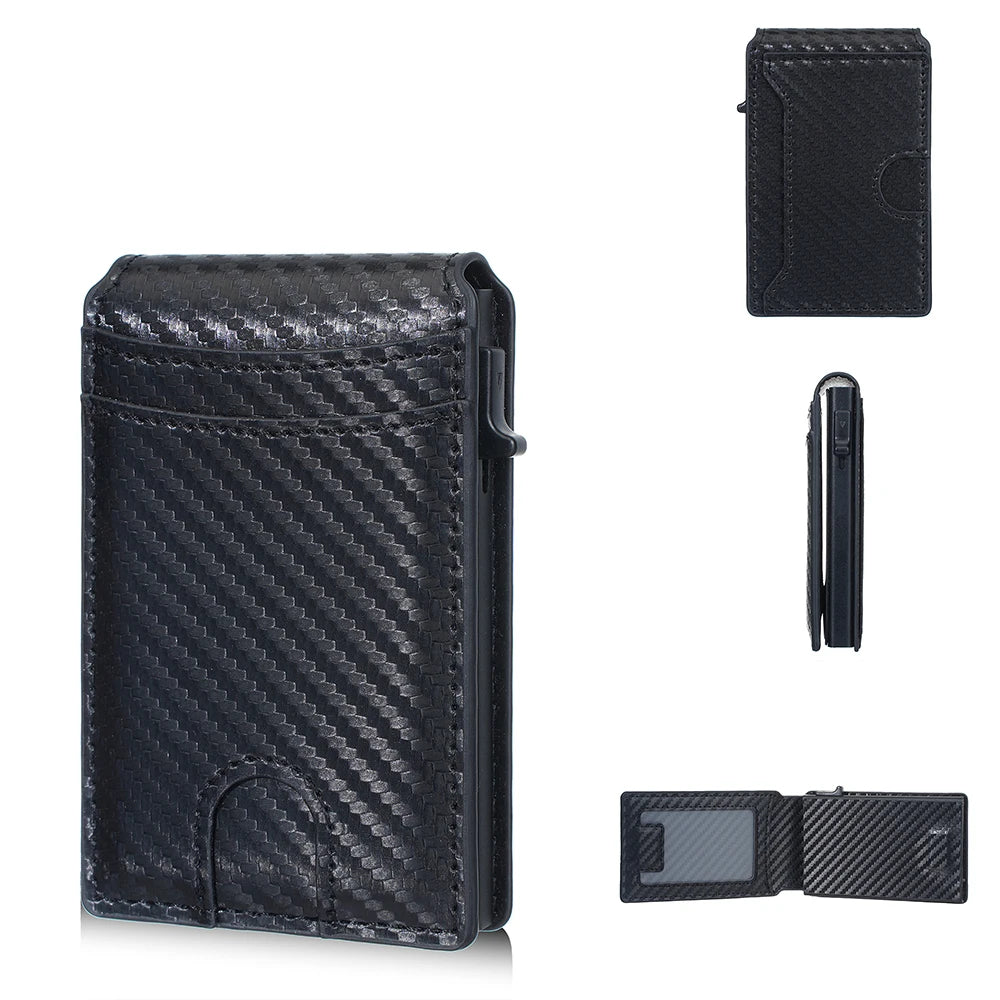 New RFID Men's Card Wallet - Carbon Fiber, High-Quality Magnetic Card Holder with Photo Window and Pop-Up Card Clips