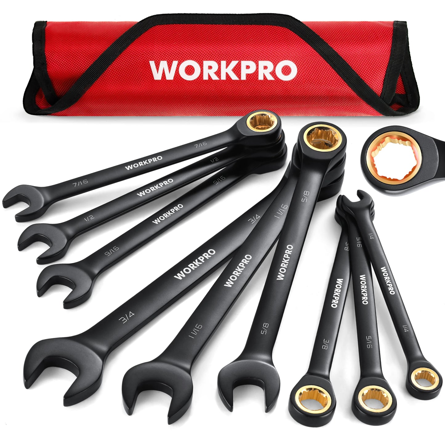 WORKPRO Juego de 9 Llaves Combinadas de Carraca Antideslizantes Métricas/SAE 8-19 mm, 72 Dientes, Construcción Cr-V, Llaves de Carraca Negras