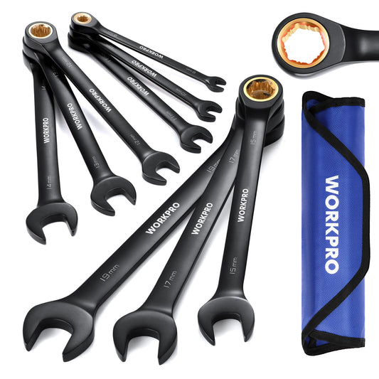 WORKPRO Juego de 9 Llaves Combinadas de Carraca Antideslizantes Métricas/SAE 8-19 mm, 72 Dientes, Construcción Cr-V, Llaves de Carraca Negras