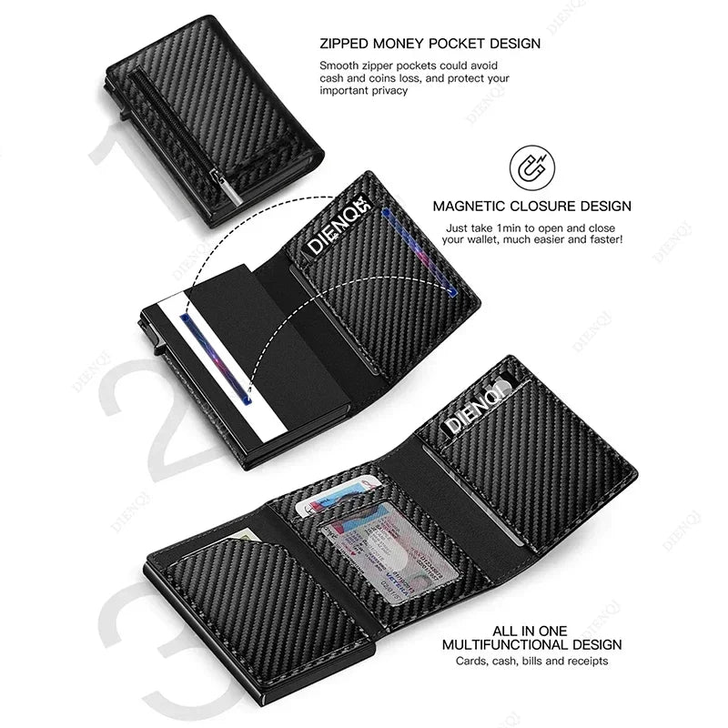 RFID Credit Card Holder with Coin Pouch – Luxury Carbon Fiber Minimalist Wallet for Men, Money Bag, ID & Bank Card Holder