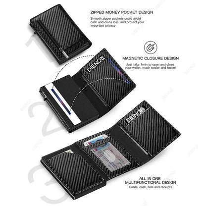 RFID Credit Card Holder with Coin Pouch – Luxury Carbon Fiber Minimalist Wallet for Men, Money Bag, ID & Bank Card Holder