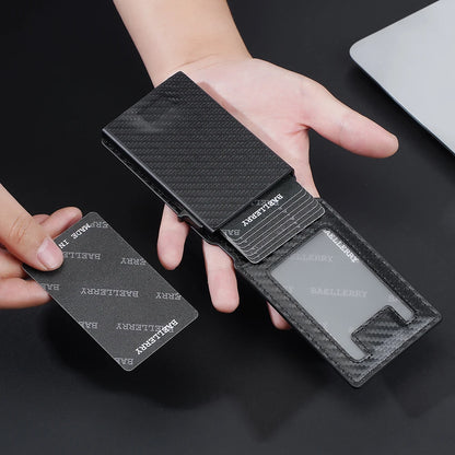 New RFID Men's Card Wallet - Carbon Fiber, High-Quality Magnetic Card Holder with Photo Window and Pop-Up Card Clips