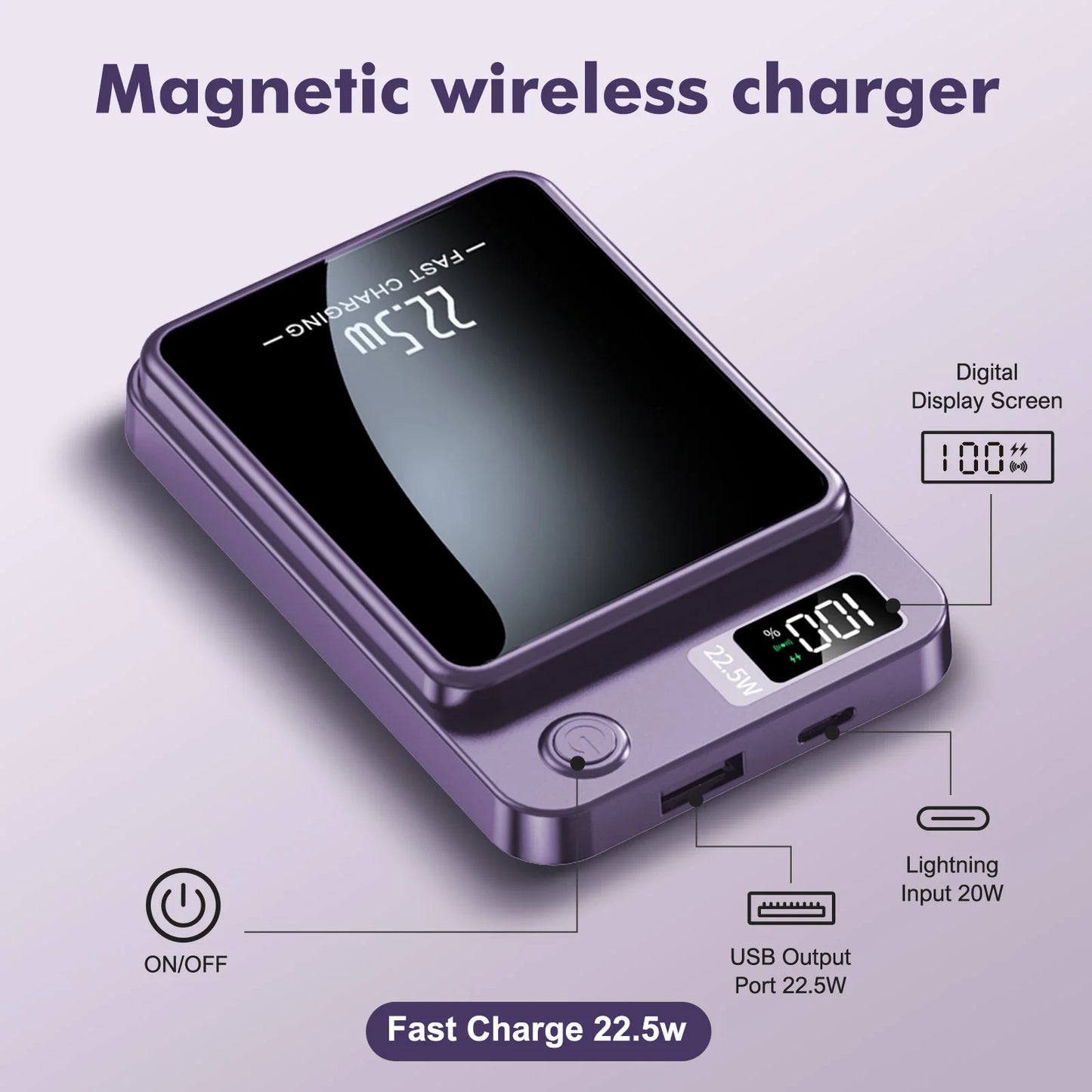 Batería externa magnética inalámbrica de 10000 mAh, carga rápida de 22,5 W, pantalla digital LED para Magsafe, para iPhone 17 16 15 Pro Max Power Bank