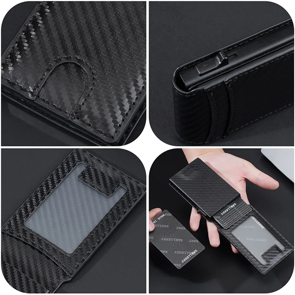 New RFID Men's Card Wallet - Carbon Fiber, High-Quality Magnetic Card Holder with Photo Window and Pop-Up Card Clips